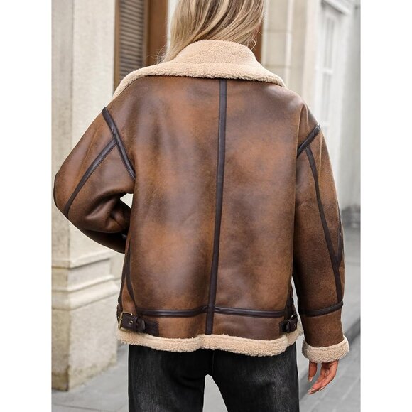 Women brown LY VAREY LIN Faux Leather Sherpa Aviator Bomber Jacket - Picture 7 of 7